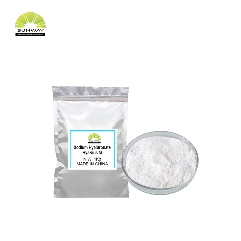 Poudre d'hyaluronate de sodium de poids moléculaire élevé, moyen et faible, disponible en usine : 3 kDA, 120 W-200 WDA, 120 W-130 WDA, 20 W-30 WDA