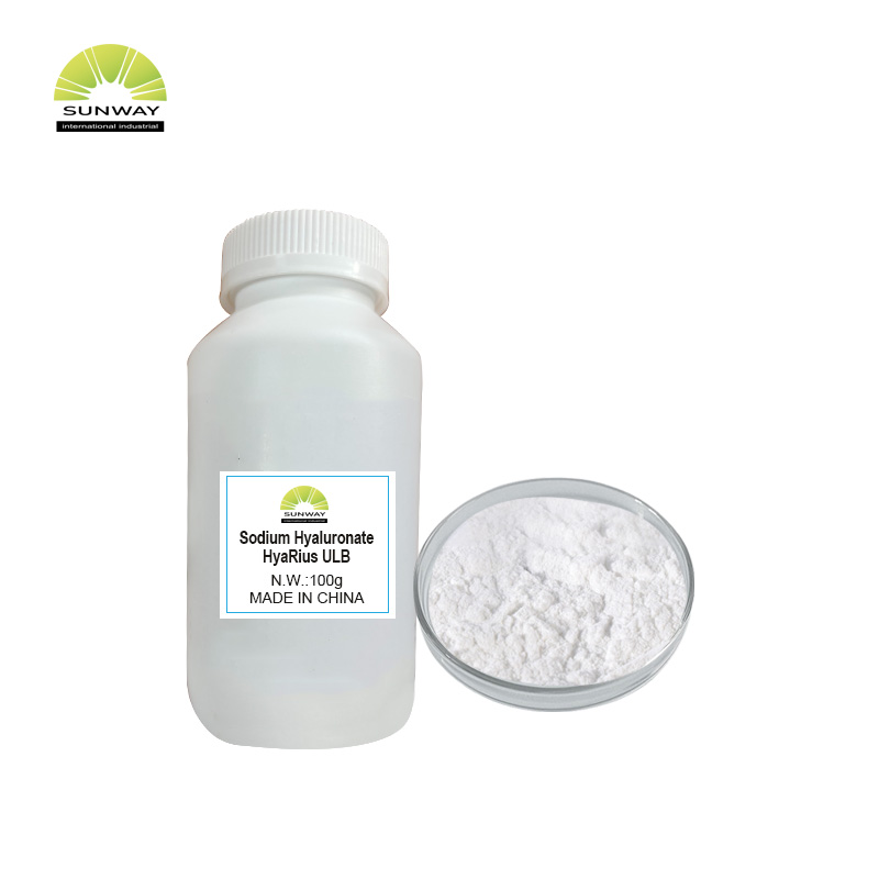 Poudre d'hyaluronate de sodium de poids moléculaire élevé, moyen et faible, disponible en usine : 3 kDA, 120 W-200 WDA, 120 W-130 WDA, 20 W-30 WDA