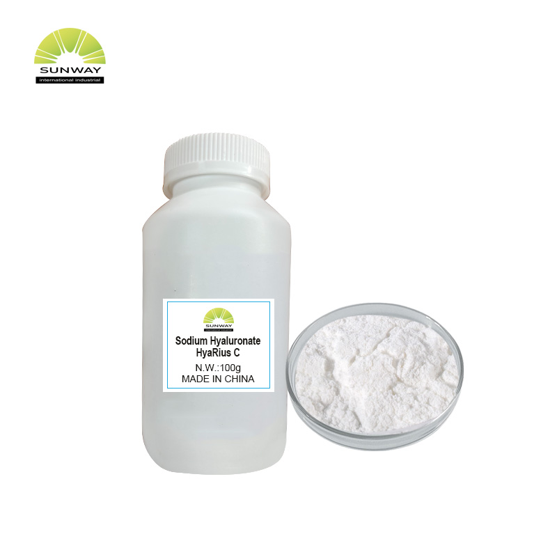 Poudre d'hyaluronate de sodium de poids moléculaire élevé, moyen et faible, disponible en usine : 3 kDA, 120 W-200 WDA, 120 W-130 WDA, 20 W-30 WDA