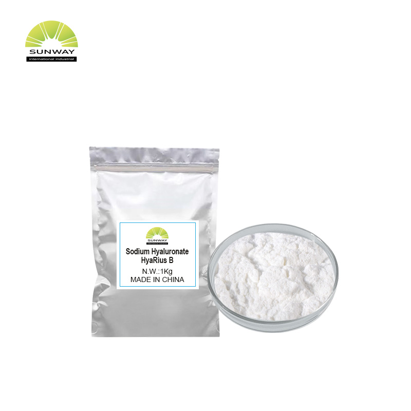 Poudre d'hyaluronate de sodium de poids moléculaire élevé, moyen et faible, disponible en usine : 3 kDA, 120 W-200 WDA, 120 W-130 WDA, 20 W-30 WDA